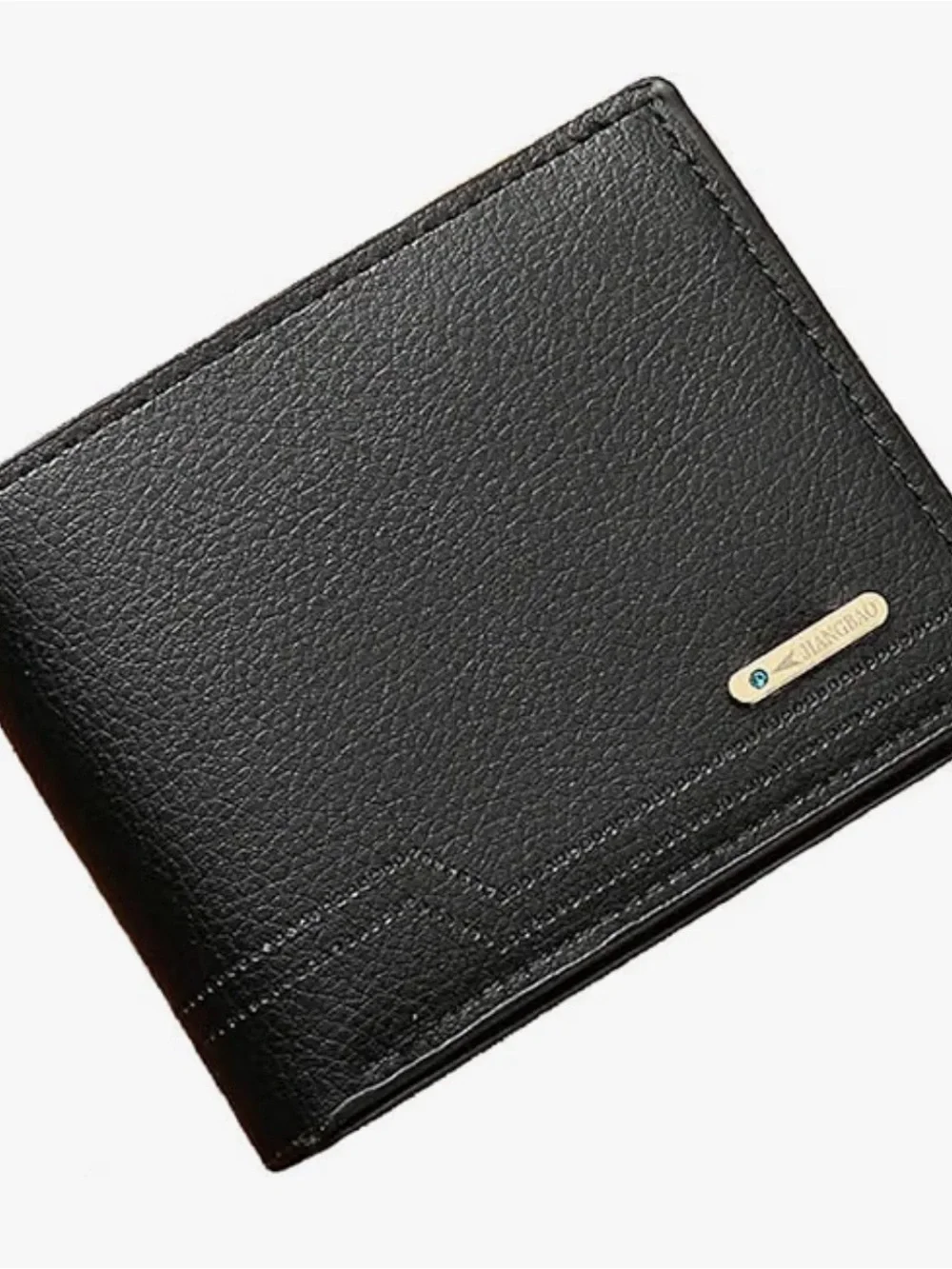 Men's Black Bifold Wallet with Metal Logo Plate Slim Design Black Leather